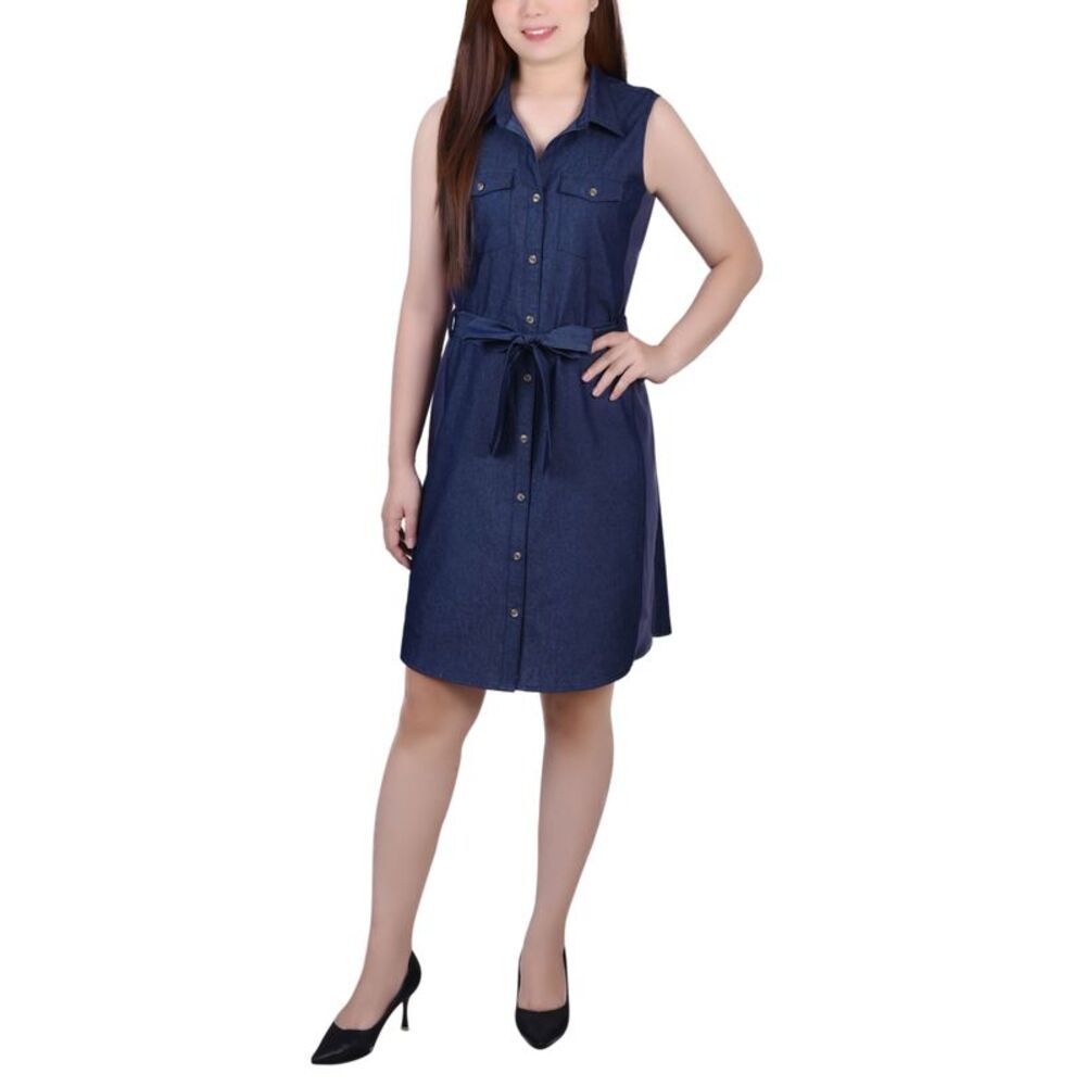 NY Collection Petite Sleeveless Belted Denim Dress